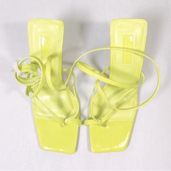 NWOT TOPSHOP Evie Square Toe Heeled Sandals Strappy Mid Neon Yellow - Picture 2 of 4